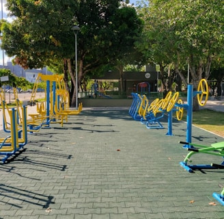 An outdoor fitness area featuring a variety of exercise equipment, including stationary bikes and other workout stations. The equipment is primarily blue and yellow, arranged neatly on a paved surface. Surrounding the area are trees providing shade, with a few parked cars and buildings visible in the background.